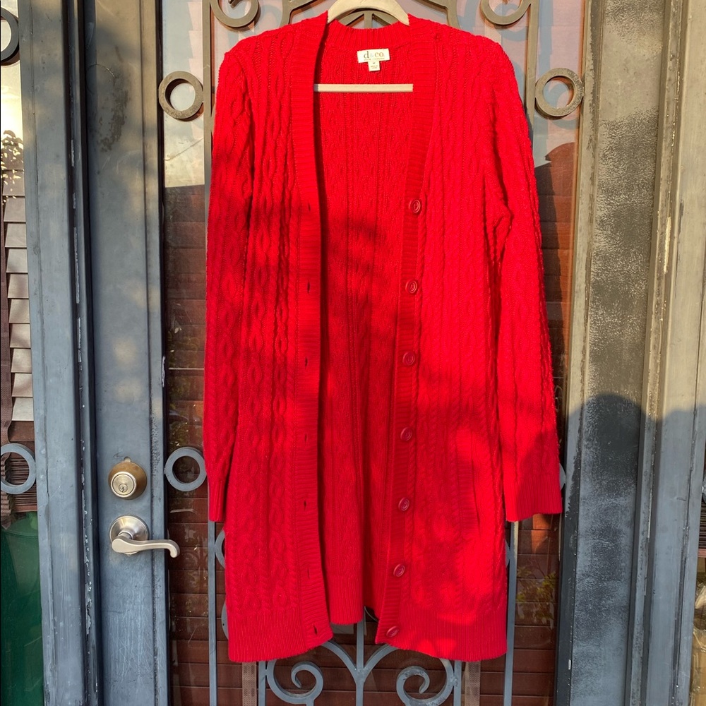 D&Co Long Oversized Red Cable Knit Cardigan, Size M